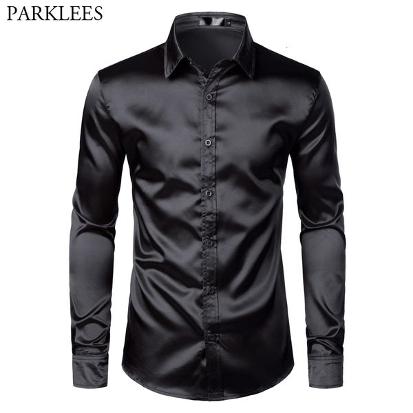 Camisas casuais masculinas pretas de cetim luxuosas camisas masculinas de seda lisa camisa de smoking masculina slim fit festa de casamento camisa casual de formatura Chemise Homme 230807