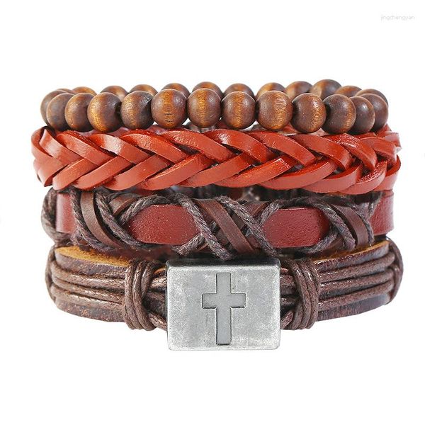 Armreif 4 Teile/satz Geflochtene Wrap Echtes Leder Armbänder Für Männer Vintage Kreuz Charme Holz Perlen Ethnische Tribal Armbänder