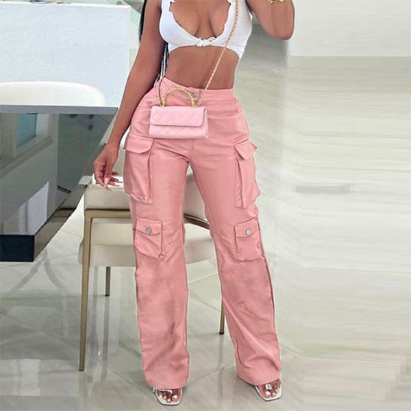 Damenhose, Caprihose, rosa PU-Kunstleder, Cargohose, Damen, Y2k, Hip Hop, hohe Taille, Taschen, Baggy, gerade Hose, Mode, Straßenparty, weites Bein, Hose 230807