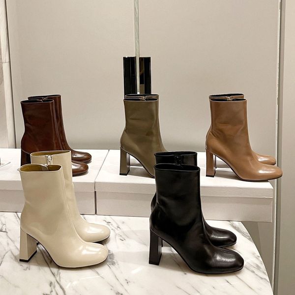 Qualidade superior ins Vlada Taupe Ankle Boots Dedo do pé pontudo Salto bloco robusto designer de luxo feminino Sapatos de couro Nappa Sapatos de noite calçados de fábrica Tamanho 35-40