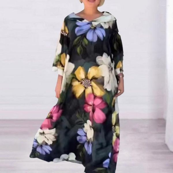 Casual Kleider Frauen Vintage Print Maxi Kleid Sommer O-Kragen Langarm Weibliche Boho Strand Hemd Urlaub Robe