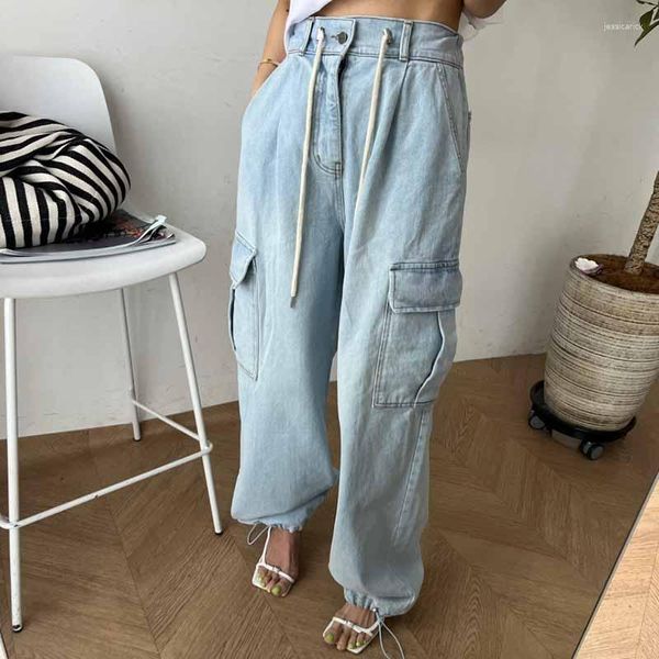 Jeans feminino JulyPalette Y2k cintura alta com cordão de carga para mulheres bolsos grandes calças jogger tamanho grande calças largas jeans