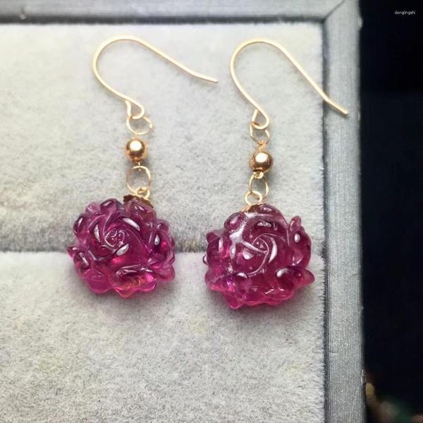 Baumelnde Ohrringe, 1 Paar, Fengbaowu, natürlicher roter Edelstein, Turmalin, Pfingstrose, Blumen-Ohrring, 18 Karat Kristall-Heilstein, Modeschmuck, Geschenk für Frauen