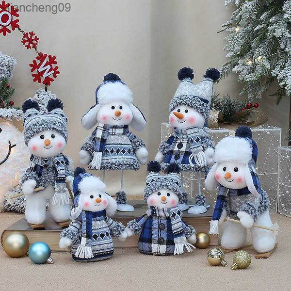 Bonecos de neve retráteis de tecido de boneco de neve de Natal azul para enfeites de árvore Estatueta de Papai Noel Presentes de Natal Artesanato Decoração de casa L230620