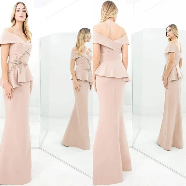 Vestidos de noite sensuais rosa claro com ombros descobertos Árabe Aso Ebi Elegante Cetim Renda Frisado Peplum Longo Sereia Vestidos de Festa Formais Mulheres 252r