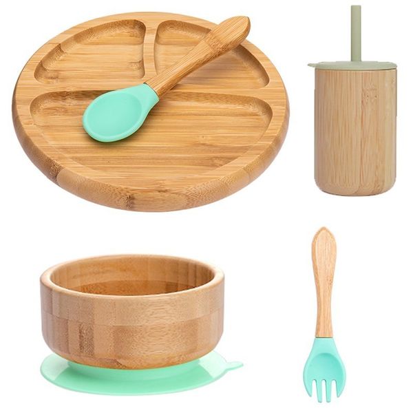 Чашки посуды посуда 5pcs Baby Non Slip Sweeware с всасывающей тарелкой вилка Spoon Cup Set Kind Soild Food Feeding Bamboo Dishware BPA бесплатно 230808