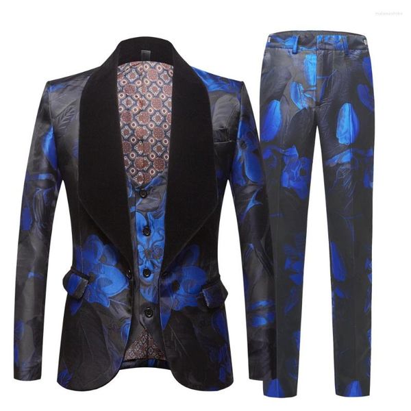 Erkekler Suits Jacquard Suit Erkekler için Tide Lacivert Floral Baskı Moda Sıradan Son Ceket Pantolon Tasarımları Düğün Damat Kostüm