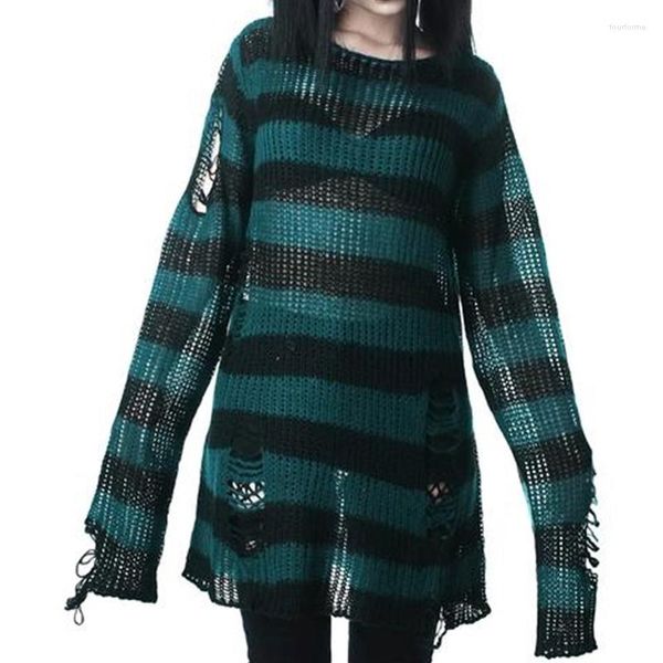 Kadın Sweaters Punk Gotik Örme Üstler Uzun Kollu Cadılar Bayramı İçi Boş Delik Kırık Jumper Gevşek İnce Sweater Sokak Giyinleri Çizgili