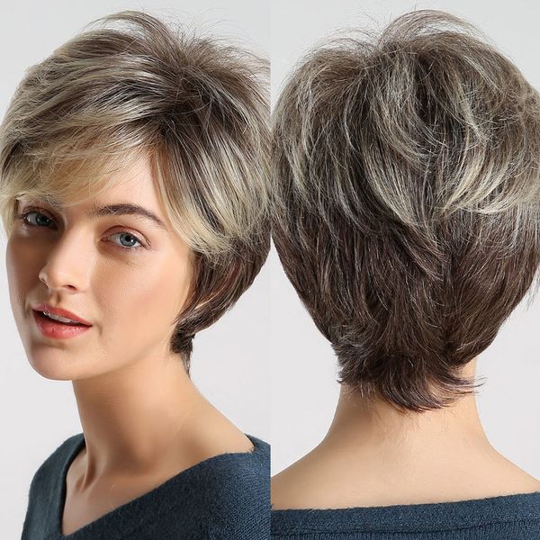 Synthetische Perücken HENRY MARGU Dunkle Wurzel Ombre Braun Blonde Kurze Haare Flauschige Pixie Cut Perücke für Schwarz Weiße Frauen Hitzebeständig 230807