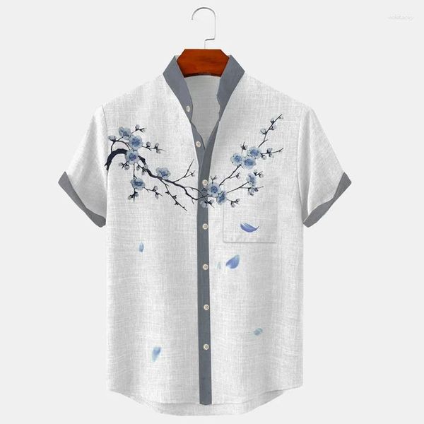 Camisas casuais masculinas Camisa impressa em 3D Padrão de linho Folha de papagaio Gola em pé Branco Verde claro Roxo Cinza Rua ao ar livre