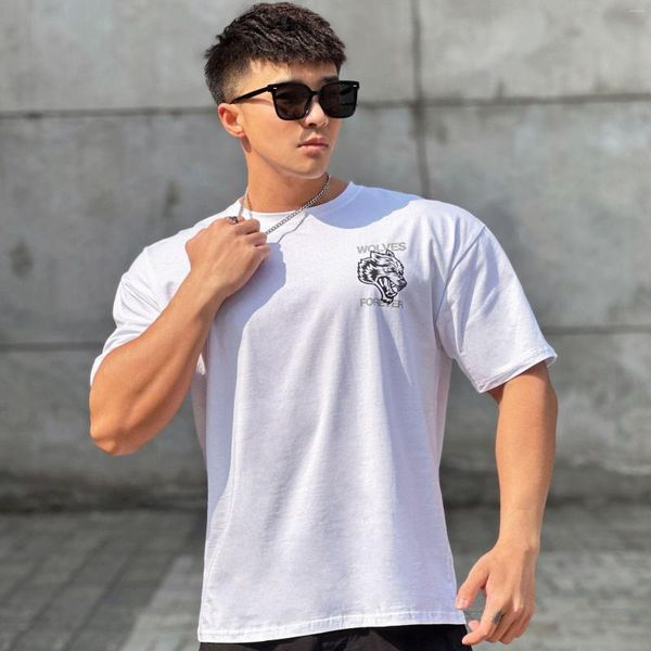 Camisetas Masculinas Moda Masculina Casual Algodão Estampado O Neck Manga Curta Camisa Masculina Ao Ar Livre Musculação Joggers Roupa Muscular Tops