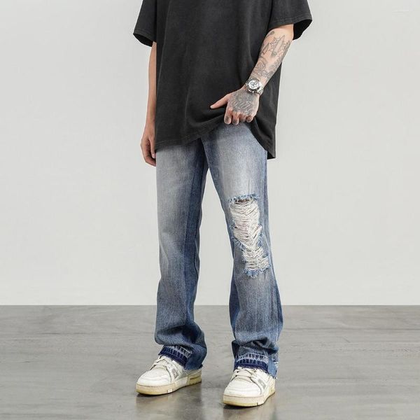 Herren-Jeans, Vintage-Jeans, ausgewaschen, abgenutzt, rauer Saum, zerrissen, ausgestellte Jeans für Männer, zerrissene schmale Hosen, Hip-Hop-Patchwork, Micro-Horn-Denim