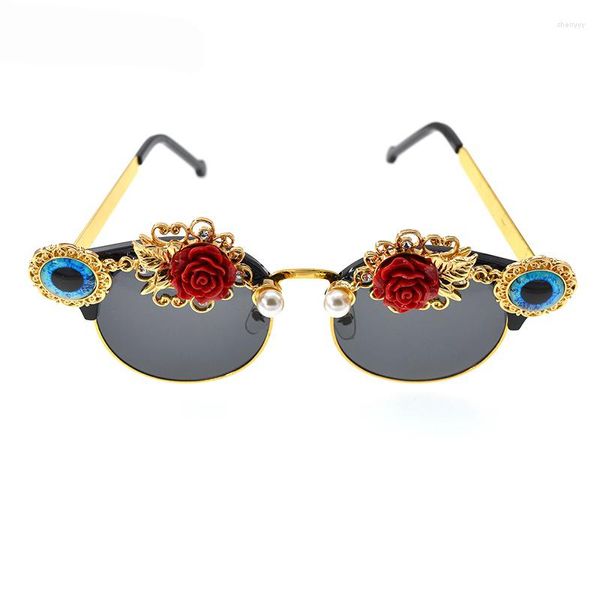 Güneş gözlükleri cazibe kedi göz barok vintage marka tasarımcısı gül çiçekleri moda kadın güneş gözlükleri kadın oculos