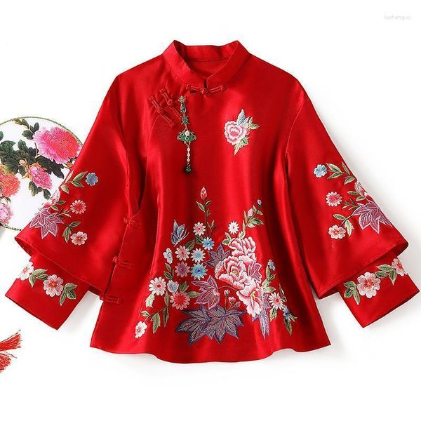 Kadınlar bluzları Cheongsam artı beden Hanfu Tops 2023 Şifon Nakış Birleştirme Çin tarzı Retro Tang Kostüm Qipao Gömlek Kadın