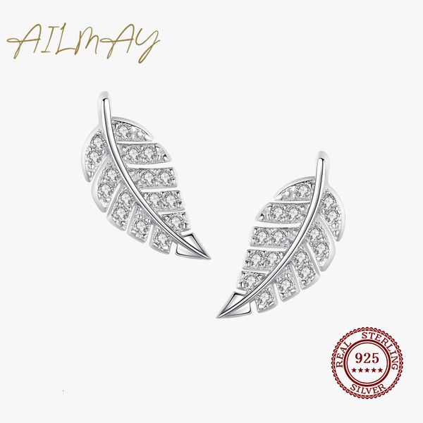 Stud Ailmay Top Quality Real 925 Sterling Silver Simple Fashionc Feather Brincos Espumantes CZ Belas Moda Feminina Jóias 230807