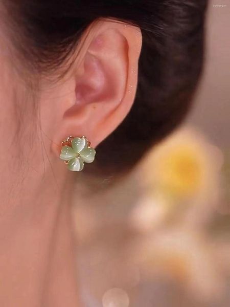 Серьги-грибы модные опал зеленый четырехлистный клевер ротационные ушные уш