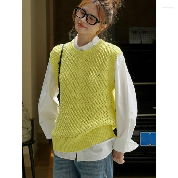 Maglioni da donna Gilet in maglia di cotone giallo Scava fuori Inizio autunno Donna Pigro Semplice Girocollo Allentato Comodo Maglieria a strati Top