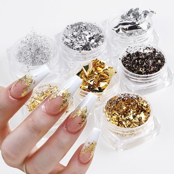 Glitter per Unghie 7 Scatole Fogli di Fiocchi di Alluminio Set Oro Argento Irregolare Paillette Art Paillettes Decorazioni Adesivo per Manicure 230808