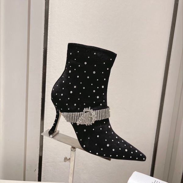 Stivaletti con strass di cristallo di alta qualità Punta a punta Tacchi a spillo Designer di lusso da donna Suola in cuoio Stivaletti Abito Scarpe da sera Calzature di fabbrica Taglia 34-40