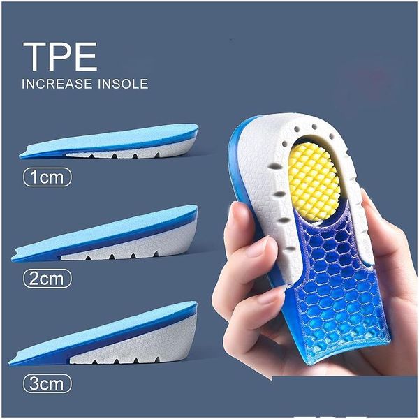 Pièces de chaussures Accessoires Tpe Semelle intérieure surélevée Hauteur Augmenter la moitié des chaussures Pad Hommes Femmes Sile Gel Invisible Growing Heel 1 3Cm Lift Soles 22