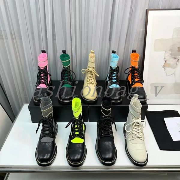 Botas de tornozelo femininas de design, botas de plataforma coloridas com cadarço, botas curtas arco-íris, moda feminina, sapatos de malha com caixa