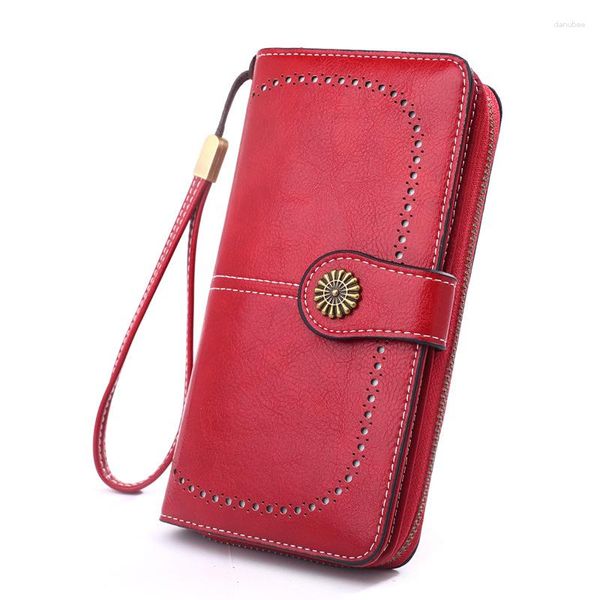 Portafogli 2023 Fashion Hollow Out Portafoglio da donna British Oil Leather Long Zipper Snap Handle Bag