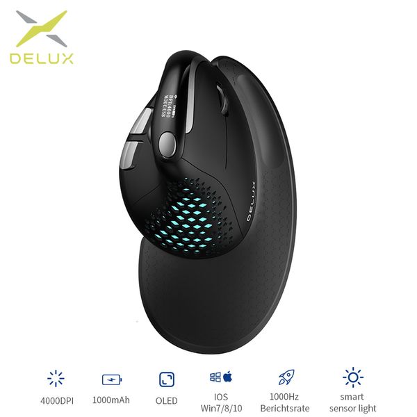 Mouse Delux M618XSD Seeker Mouse verticale ergonomico con schermo OLED 4000 DPI Ricaricabile 1000 mA Cover posteriore rimovibile per computer 230808