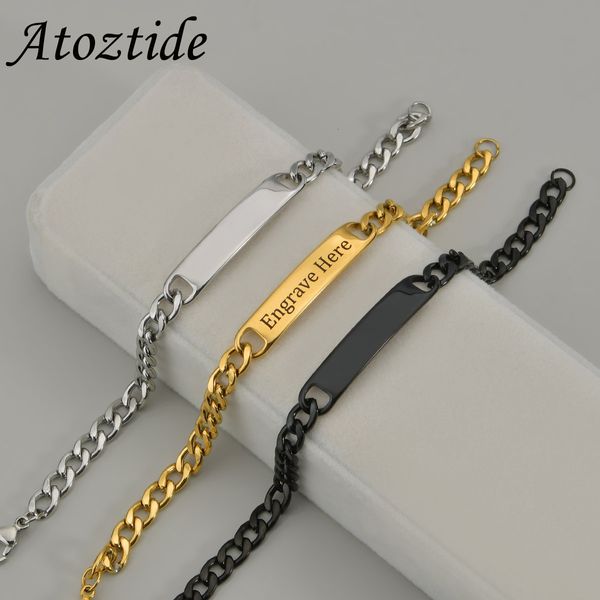 Braccialetti con ciondoli Atoztide Parole personalizzate Nome Bar Targhetta Bracciale Acciaio inossidabile Per uomo Donna Catena a maglie regolabile Regalo gioielli personalizzati 230808