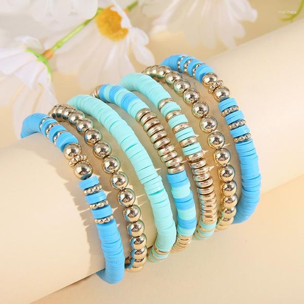 Pulseiras de link Boho Jóias Empilhamento Heishi Para Mulheres Verão Polímero Contas de Argila Pulseira Cor Dourada Espaçada