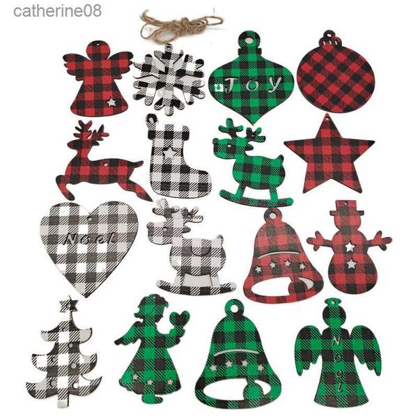 10pcs albero di natale bufalo plaid decorazione fiori rossi neri palla di legno di natale fiocco di neve ornamenti appesi fiocchi decorativi l230621