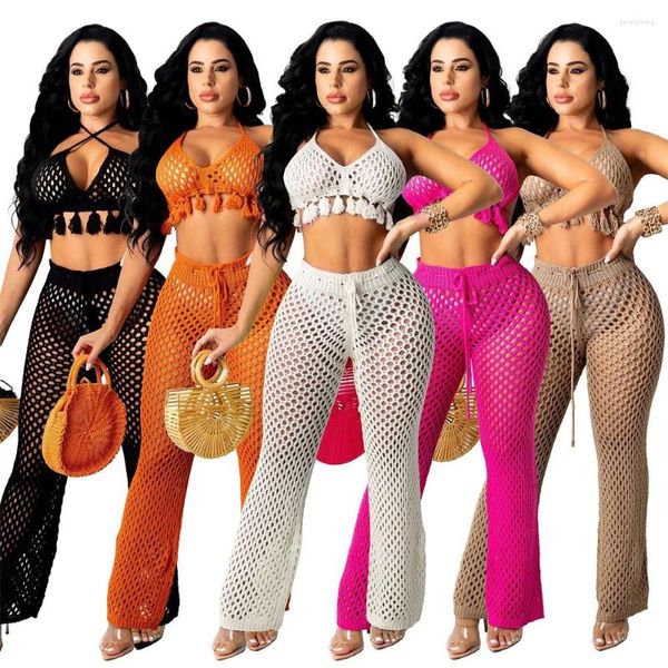 Zweiteilige Damen-Hosen, gestrickt, gerippt, mit Quasten, 2er-Set, Sommer-Strand-Kleidung, sexy Netz-Neckholder, Schnür-Crop-Top, durchsichtige Trainingsanzug-Outfits