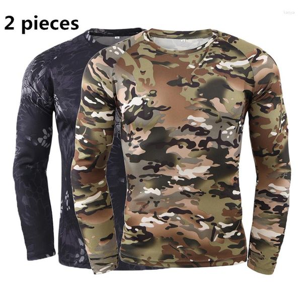 Camisetas masculinas 2 peças primavera outono camuflagem camisetas masculinas tops de secagem rápida militar tático tático manga longa camisetas do exército