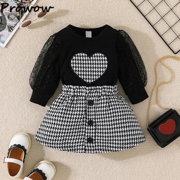 Prowow Baby Girl Autumn Outfit - Long Sleeve Heart Pullover Top and Button Black Plaid Skirt - 2 Piece twinset clothing for Kids