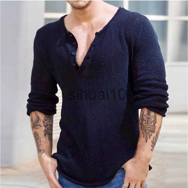 Camisolas masculinas primavera outono novo fino tricô camiseta masculina sólida manga longa botões tricô suéter roupas moda camiseta com decote em v malhas top j230808