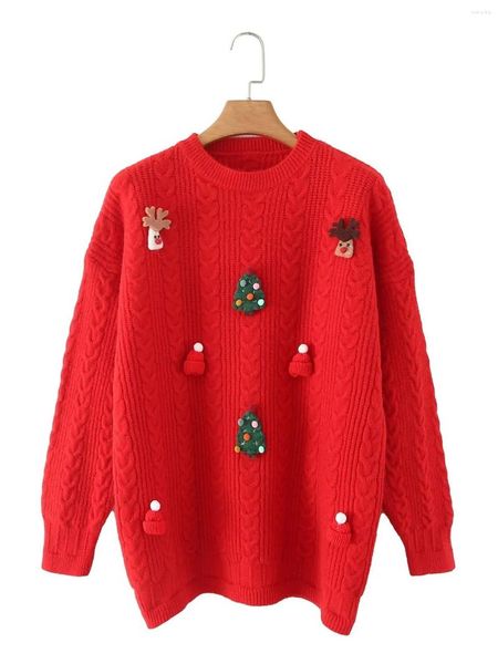 Maglioni da donna Autunno Inverno 2023 Tricolore carino ricamato girocollo manica lunga maglione lavorato a maglia allentato Natale