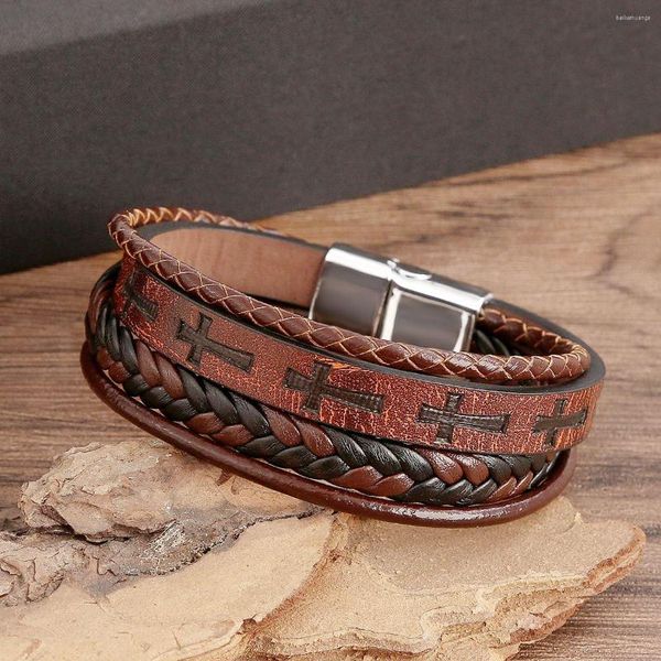 Braccialetti di fascino Retro uomini trasversali del braccialetto di stile americano legati chiusura del magnete Commercio all'ingrosso di gioielli in pelle intrecciata a più strati alla moda