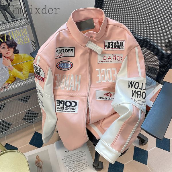 Giacche da uomo Gmiixder Giacca in pelle da motociclista Unisex High Street Hiphop Giacca bomber rosa American Vibe Abbigliamento da lavoro Lettera Uniforme da baseball 230807