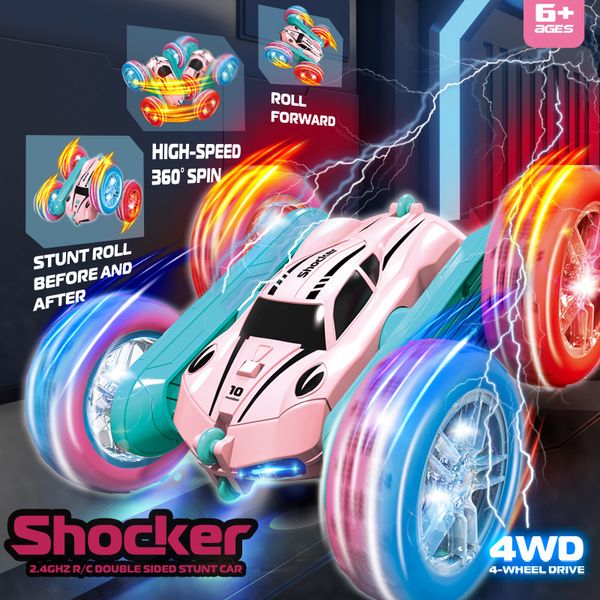 Yeni sevimli pembe renk çift tarafı sürüş rc otomobil oyuncakları 360 rotasyon 4wd sürüklenme paletli araba ile serin led ışık kız erkek hediyesi 2375