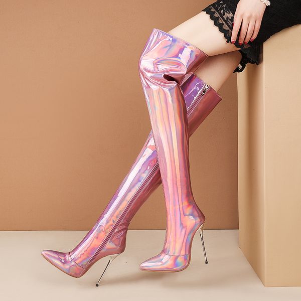 Über 103 Patentleder die Knie High Stiefel Frauen sexy Party Dance Winterschuhe Ladies Pink Sier Gold Heels Long Stiefel großer Größe 45 230807