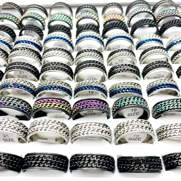 Atacado 50 peças de anéis de aço inoxidável giratório dupla corrente rotativa prata preto cores moda acessórios de joias homens mulheres