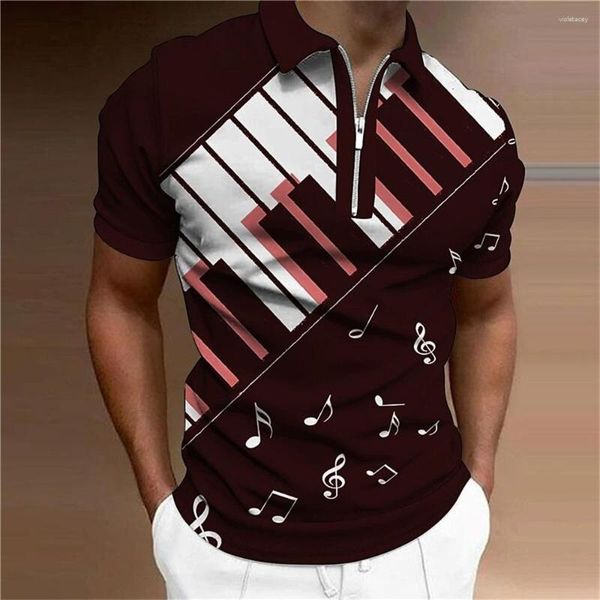 Camisa Polo Masculina com Zíper Música 3D Piano Estampado Roupas de Alta Qualidade Soltas Oversized Street Designer Tops Tees