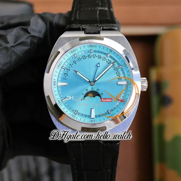 New 41mm Overseas 4000V / 210A 4000V Orologio da uomo automatico Quadrante blu ghiaccio Data Fase Luna Cassa in acciaio Cinturino in pelle Orologi da uomo HWRD Hello_Watch E181a3