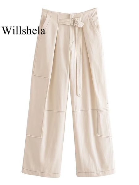 Calça Feminina Willshela Moda Feminina Bege Lace Up Front Zipper Cargo Vintage Cintura Alta Comprimento Inteiro Feminino Chic Calças Femininas 230808