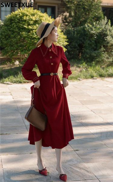 Повседневные платья Sweetxue Lygant Long Dress 2023 Осеннее женское ретро -модное шикарное темперамент Hepburn Vestidos