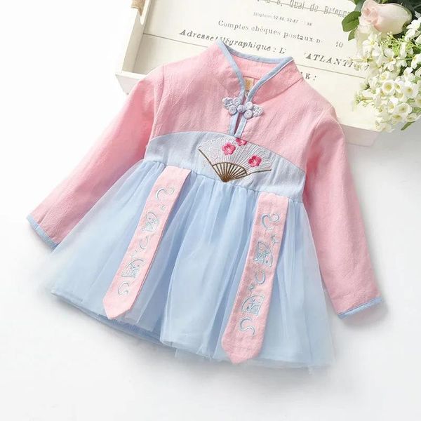 Mädchen Kleider Kinder Langarm Kleid Frühling und Herbst Mädchen Baby chinesischen Stil Tang-Anzug wenig Hanf