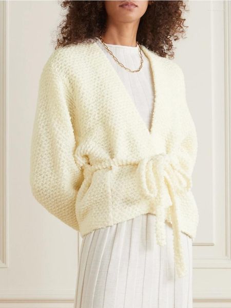 Suéteres femininos 2023 outono e inverno com decote em V cor sólida gravata de lã envoltório cardigã de malha casaco curto bainha fenda maxi saia