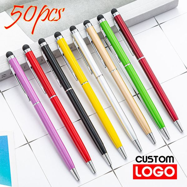Ballpoint Pens 50 упаковок из 13 -х колора мини -метал 2IN1 Stylus Universal Text Text Custom Office School Advertising 230807