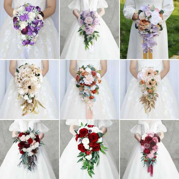 Fiori decorativi Sposa Rose Gocce d'acqua che tengono Bouquet da sposa di fiori Artificiali per decorazioni Forniture per decorazioni di nozze