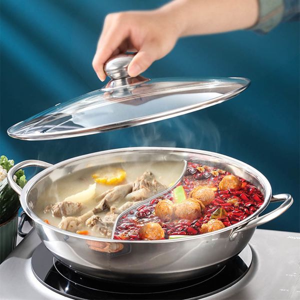 Soep Voorraad Potten Chinese Pot Met Deksel Dikker Roestvrij Staal 2 In 1 Verdeelde Pot Keuken Koken Pan Cover gasfornuis Inductie Fornuis 230807