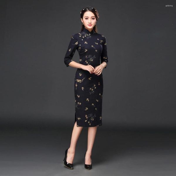 Abbigliamento etnico Qi Pao Abito tradizionale cinese Donna Cotone Lino Cheongsam Manica Qipao Alta qualità Lungo 4XL Matrimonio elegante